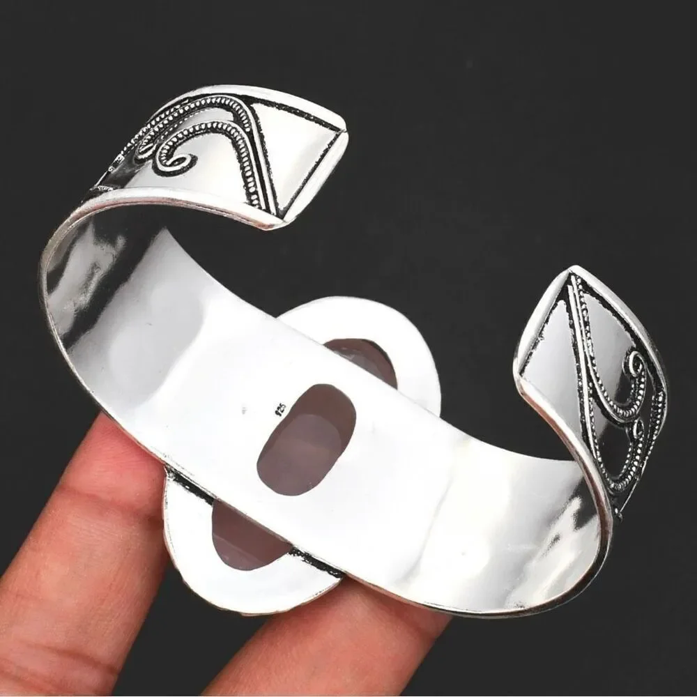 Artisan Rose Quartz Adjustable Silver Bangle Bracelet – Handcrafted Elegance New